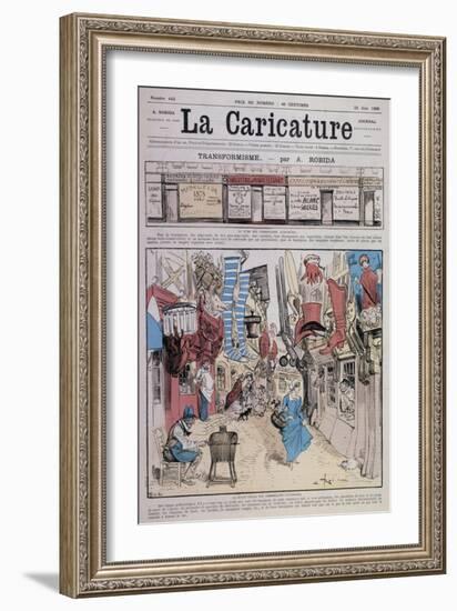 La Caricature du 23 juin 1888: transformisme - la bonne vieille rue commerçante d'autrefois-A Robida and Yves-Framed Giclee Print