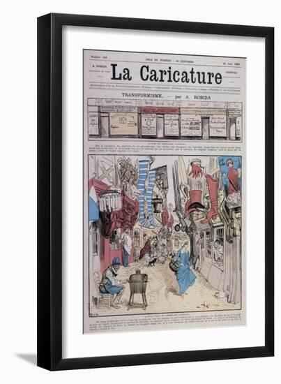 La Caricature du 23 juin 1888: transformisme - la bonne vieille rue commerçante d'autrefois-A Robida and Yves-Framed Giclee Print