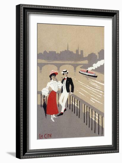 La Cite Art Deco Scene of Couple Watching Riverboat - Paris, France-Lantern Press-Framed Art Print