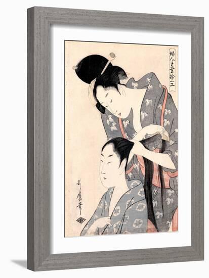 La Coiffeuse  (Hairdresser) (Kamiyui) Gravure De Kitagawa Utamaro (1753-1806) - C 1798 - Colour Wo-Kitagawa Utamaro-Framed Giclee Print