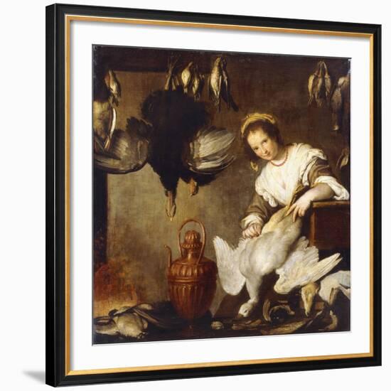 La Cuoca - a Kitchen Maid Plucking a Goose in an Interior-Bernardo Strozzi-Framed Giclee Print