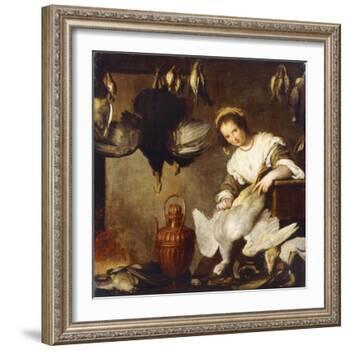 La Cuoca - a Kitchen Maid Plucking a Goose in an Interior-Bernardo Strozzi-Framed Giclee Print