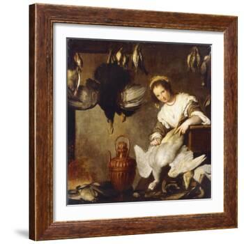 La Cuoca - a Kitchen Maid Plucking a Goose in an Interior-Bernardo Strozzi-Framed Giclee Print