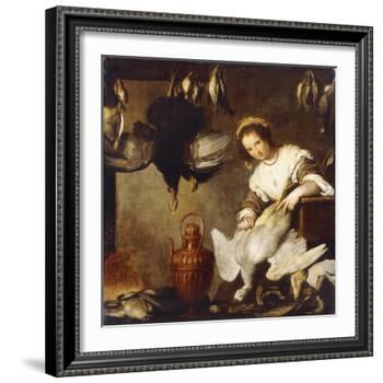La Cuoca - a Kitchen Maid Plucking a Goose in an Interior-Bernardo Strozzi-Framed Giclee Print