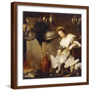 La Cuoca - a Kitchen Maid Plucking a Goose in an Interior-Bernardo Strozzi-Framed Giclee Print