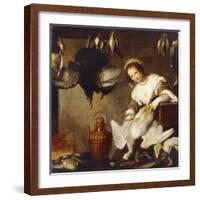 La Cuoca - a Kitchen Maid Plucking a Goose in an Interior-Bernardo Strozzi-Framed Giclee Print