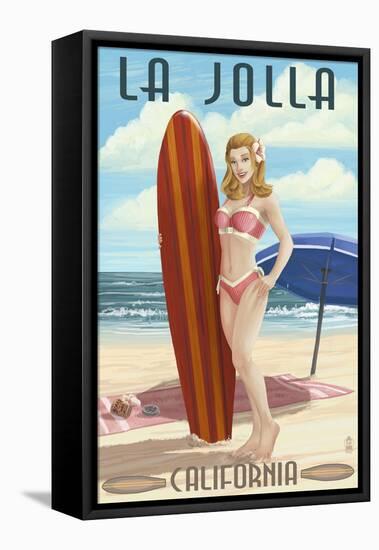 La Jolla, California - Pinup Surfer-Lantern Press-Framed Stretched Canvas