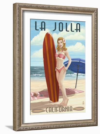 La Jolla, California - Pinup Surfer-Lantern Press-Framed Art Print