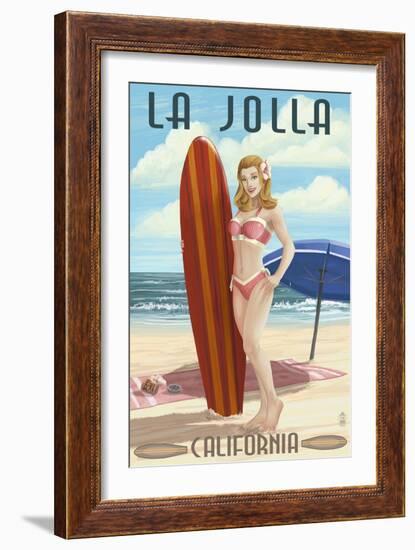 La Jolla, California - Pinup Surfer-Lantern Press-Framed Art Print