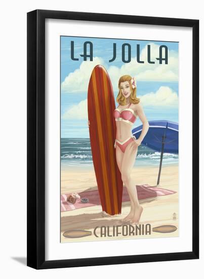 La Jolla, California - Pinup Surfer-Lantern Press-Framed Art Print