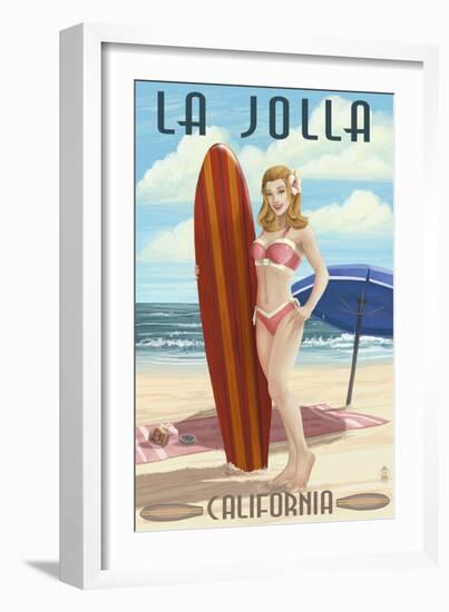 La Jolla, California - Pinup Surfer-Lantern Press-Framed Art Print