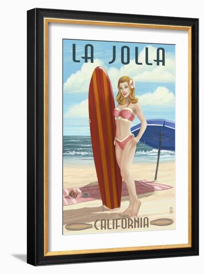 La Jolla, California - Pinup Surfer-Lantern Press-Framed Art Print