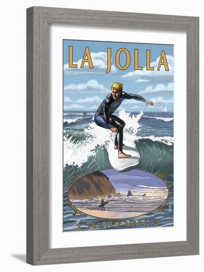 La Jolla, California - Surfer with Inset-Lantern Press-Framed Premium Giclee Print