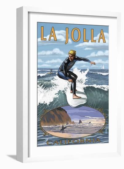 La Jolla, California - Surfer with Inset-Lantern Press-Framed Premium Giclee Print