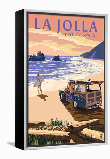 La Jolla, California - Woody on Beach-Lantern Press-Framed Stretched Canvas