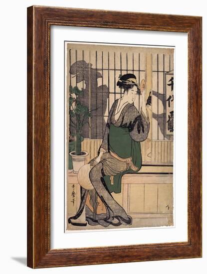 La Maison De the Chiyozuru (Ombres Sur Le Shoji, Paroi De Papier) - the Chiyozuru Teahouse (Shadows-Kitagawa Utamaro-Framed Giclee Print