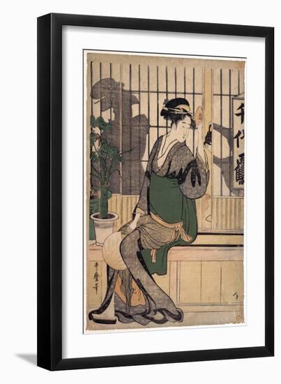 La Maison De the Chiyozuru (Ombres Sur Le Shoji, Paroi De Papier) - the Chiyozuru Teahouse (Shadows-Kitagawa Utamaro-Framed Giclee Print