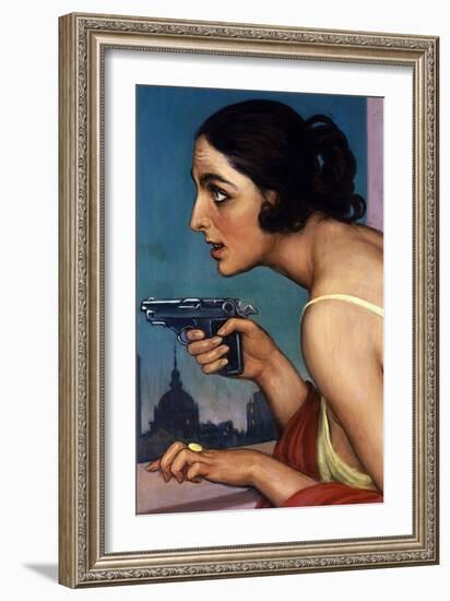 La Mujer De La Pistola 1925-Cartel Para La Union Española De Explosivos-Julio Romero de Torres-Framed Giclee Print