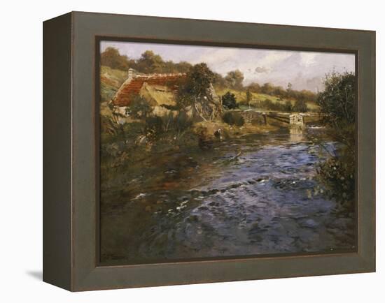 La Passerelle: a French River Landscape with a Washerwoman-Fritz Thaulow-Framed Premier Image Canvas