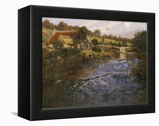 La Passerelle: a French River Landscape with a Washerwoman-Fritz Thaulow-Framed Premier Image Canvas