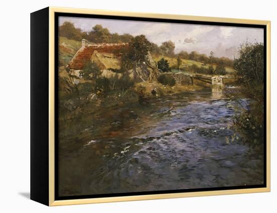 La Passerelle: a French River Landscape with a Washerwoman-Fritz Thaulow-Framed Premier Image Canvas