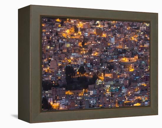 La Paz at Dusk with Patchwork Lit Up Buildings-Alex Saberi-Framed Premier Image Canvas