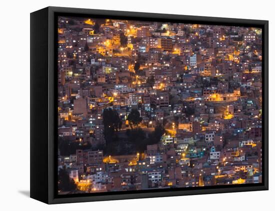 La Paz at Dusk with Patchwork Lit Up Buildings-Alex Saberi-Framed Premier Image Canvas