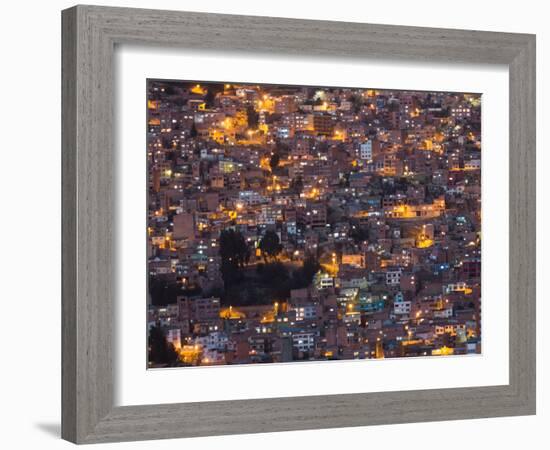 La Paz at Dusk with Patchwork Lit Up Buildings-Alex Saberi-Framed Photographic Print