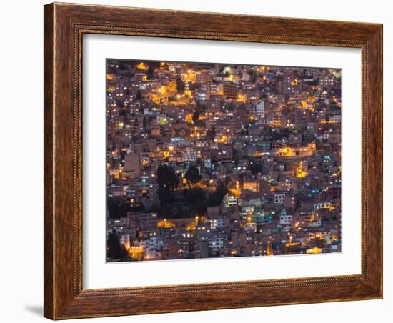 La Paz at Dusk with Patchwork Lit Up Buildings-Alex Saberi-Framed Photographic Print