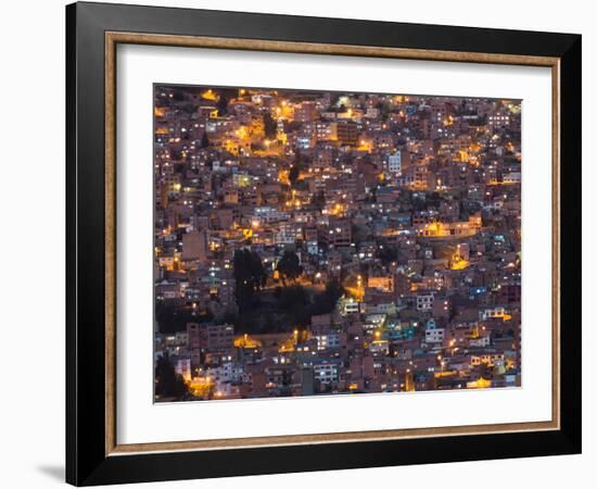 La Paz at Dusk with Patchwork Lit Up Buildings-Alex Saberi-Framed Photographic Print