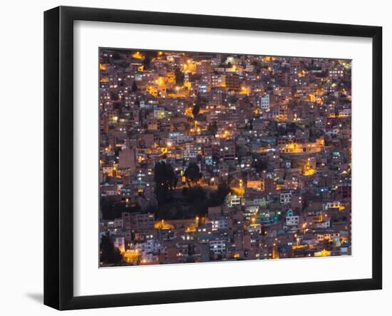 La Paz at Dusk with Patchwork Lit Up Buildings-Alex Saberi-Framed Photographic Print