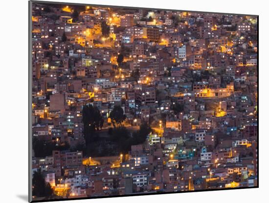 La Paz at Dusk with Patchwork Lit Up Buildings-Alex Saberi-Mounted Photographic Print