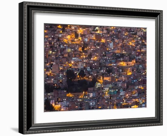 La Paz at Dusk with Patchwork Lit Up Buildings-Alex Saberi-Framed Photographic Print