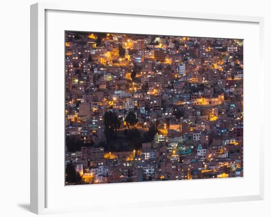 La Paz at Dusk with Patchwork Lit Up Buildings-Alex Saberi-Framed Photographic Print