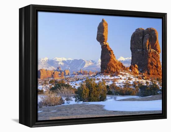 La Sal Mountains, Balanced Rock at Sunset, Arches National Park, Utah, USA-Scott T. Smith-Framed Premier Image Canvas