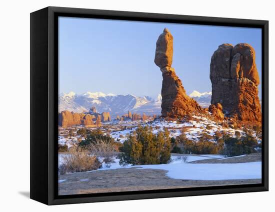 La Sal Mountains, Balanced Rock at Sunset, Arches National Park, Utah, USA-Scott T. Smith-Framed Premier Image Canvas