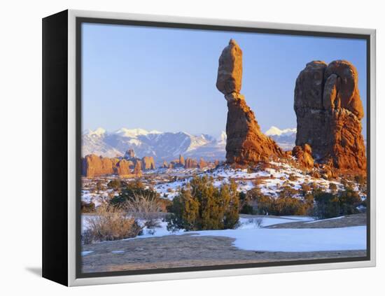 La Sal Mountains, Balanced Rock at Sunset, Arches National Park, Utah, USA-Scott T. Smith-Framed Premier Image Canvas