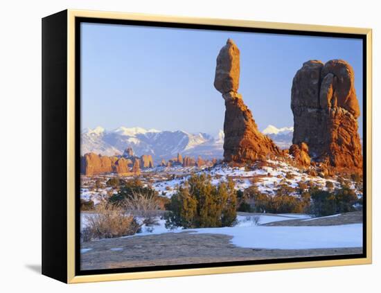 La Sal Mountains, Balanced Rock at Sunset, Arches National Park, Utah, USA-Scott T. Smith-Framed Premier Image Canvas