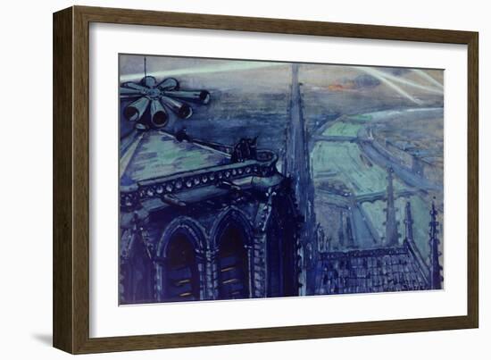 La sirène de Notre-Dame et les projecteurs sur Paris en 1918-Maurice Busset-Framed Giclee Print