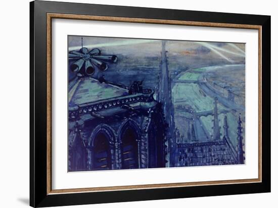 La sirène de Notre-Dame et les projecteurs sur Paris en 1918-Maurice Busset-Framed Giclee Print