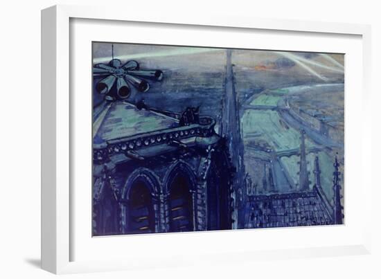 La sirène de Notre-Dame et les projecteurs sur Paris en 1918-Maurice Busset-Framed Giclee Print