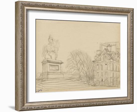 La statue équestre d'Henri IV (le cheval de bronze) et une des deux maisons de la place Dauphine-null-Framed Giclee Print