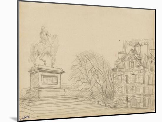 La statue équestre d'Henri IV (le cheval de bronze) et une des deux maisons de la place Dauphine-null-Mounted Giclee Print