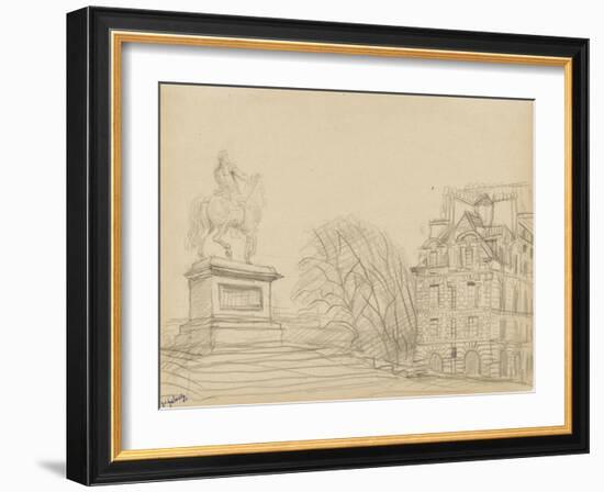 La statue équestre d'Henri IV (le cheval de bronze) et une des deux maisons de la place Dauphine-null-Framed Giclee Print