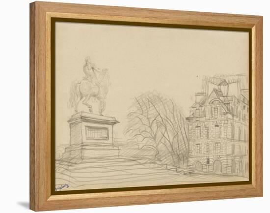 La statue équestre d'Henri IV (le cheval de bronze) et une des deux maisons de la place Dauphine-null-Framed Premier Image Canvas
