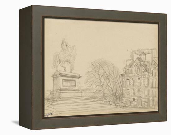 La statue équestre d'Henri IV (le cheval de bronze) et une des deux maisons de la place Dauphine-null-Framed Premier Image Canvas