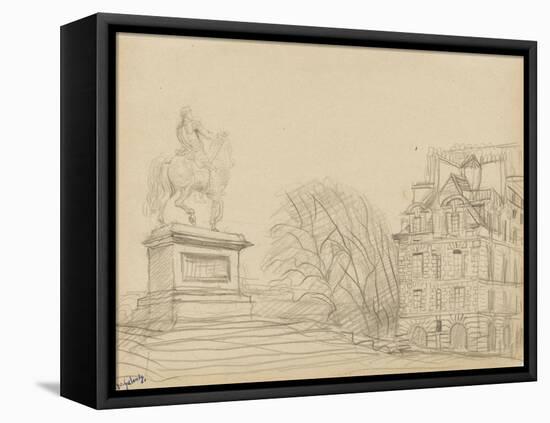 La statue équestre d'Henri IV (le cheval de bronze) et une des deux maisons de la place Dauphine-null-Framed Premier Image Canvas