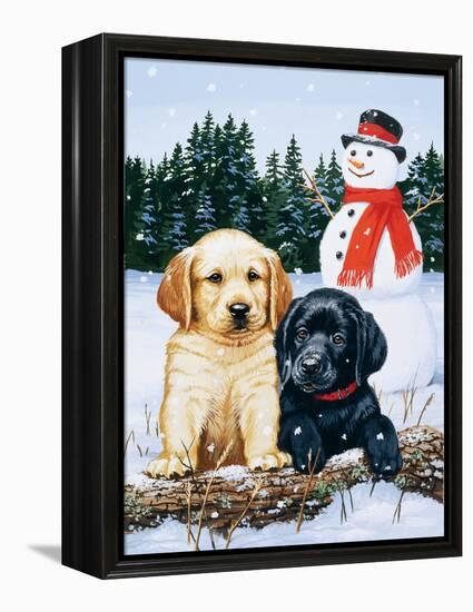 Lab Puppies with Snowman-William Vanderdasson-Framed Premier Image Canvas