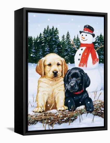 Lab Puppies with Snowman-William Vanderdasson-Framed Premier Image Canvas