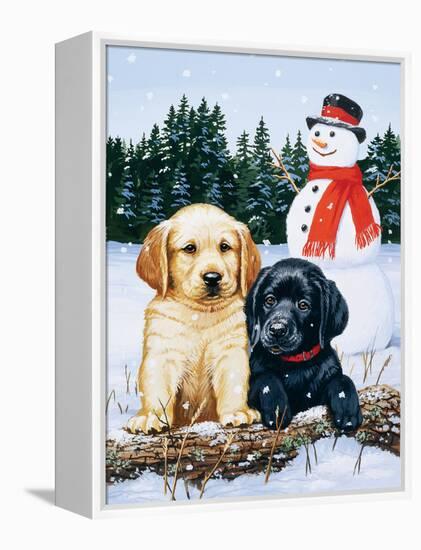 Lab Puppies with Snowman-William Vanderdasson-Framed Premier Image Canvas